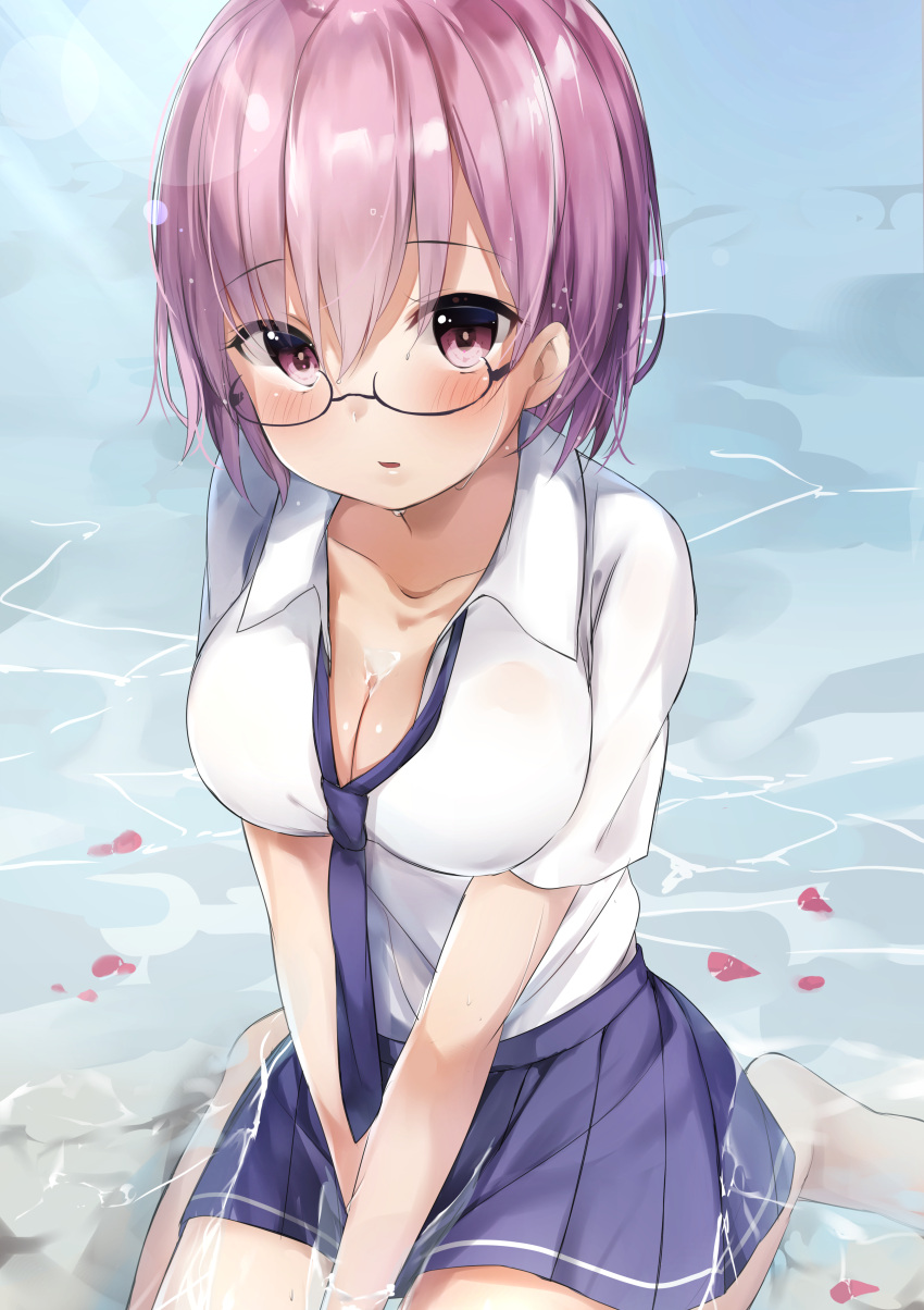 1girl absurdres bangs barefoot between_legs black-framed_eyewear blue_neckwear blue_skirt blush breasts cleavage collarbone collared_shirt commentary_request eyebrows_visible_through_hair fate/grand_order fate_(series) glasses hair_between_eyes hand_between_legs highres large_breasts mash_kyrielight mochi_nabe necktie parted_lips pleated_skirt purple_hair semi-rimless_eyewear shallow_water shirt short_sleeves sitting skirt solo under-rim_eyewear v_arms violet_eyes wariza wet wet_clothes wet_hair wet_shirt white_shirt