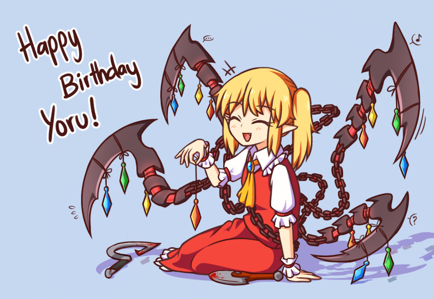 ... 1girl :d ? ^_^ arm_support ascot blonde_hair blood bloody_weapon blue_background brooch chains closed_eyes commentary crystal eighth_note english_commentary eyebrows_visible_through_hair fang flandre_scarlet flying_sweatdrops frilled_shirt_collar frills full_body hand_up happy_birthday holding jewelry musical_note no_hat no_headwear open_mouth petticoat pointy_ears puffy_short_sleeves puffy_sleeves red_skirt red_vest short_sleeves side_ponytail simple_background sitting skirt smile solo spoken_ellipsis spoken_musical_note spoken_question_mark touhou vest weapon wing_collar wings wool_(miwol) wrist_cuffs yellow_neckwear