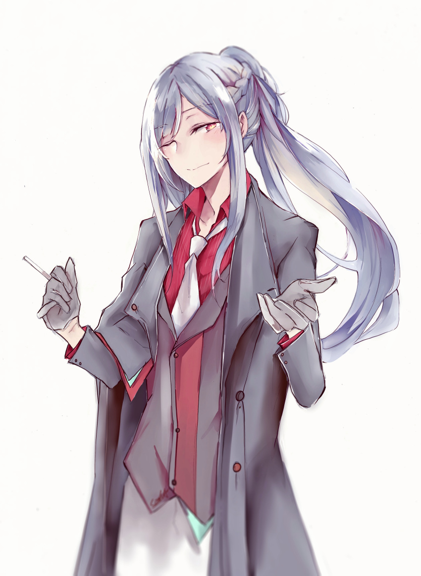 1girl absurdres ak-12_(girls_frontline) alternate_costume bangs blush braid brown_eyes cigarette cigarette_candy closed_mouth coat cocoka eyebrows_visible_through_hair french_braid girls_frontline gloves half-closed_eye highres holding holding_cigarette long_hair long_sleeves looking_at_viewer necktie one_eye_closed pants ponytail red_shirt ribbon shirt sidelocks silver_hair simple_background smile smoke solo striped striped_shirt very_long_hair vest white_background white_neckwear