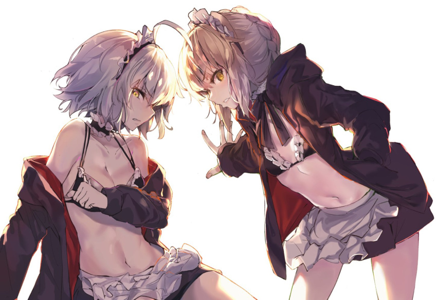 2girls akieda apron artoria_pendragon_(all) bare_shoulders bikini_top black_jacket black_ribbon blonde_hair braid breasts cleavage clenched_teeth collar commentary_request eyebrows_visible_through_hair fate/grand_order fate_(series) french_braid hand_in_pocket jacket jeanne_d'arc_(alter)_(fate) jeanne_d'arc_(fate)_(all) large_breasts looking_at_viewer maid_apron maid_headdress medium_breasts midriff miniskirt multiple_girls navel outstretched_hand ribbon saber_alter short_hair silver_hair sitting skirt standing teeth yellow_eyes