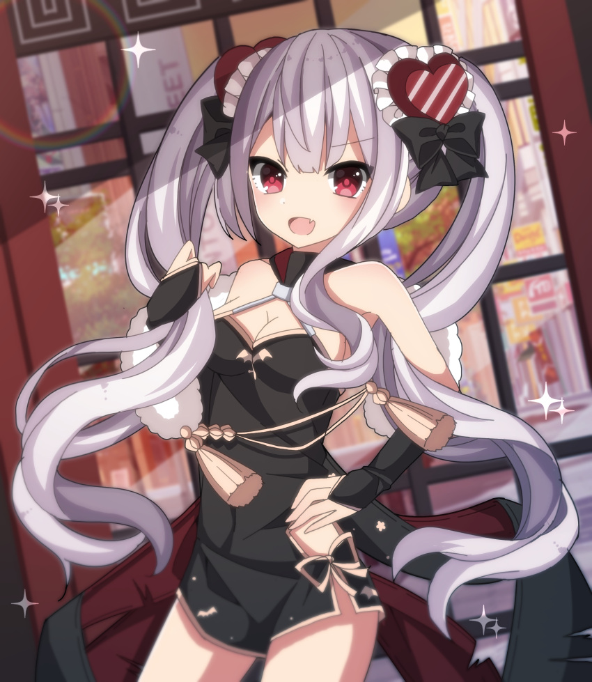 1girl :d absurdres azur_lane bangs bare_shoulders black_bow black_dress blurry blurry_background bow breasts bridal_gauntlets china_dress chinese_clothes cleavage depth_of_field diagonal_stripes dress eyebrows_visible_through_hair fang hair_between_eyes hair_bow hair_ornament hand_on_hip heart heart_hair_ornament highres holding holding_hair long_hair looking_at_viewer medium_breasts open_mouth rainbow red_eyes sapphire_(sapphire25252) short_dress silver_hair sleeveless sleeveless_dress smile solo sparkle striped twintails vampire_(azur_lane) very_long_hair