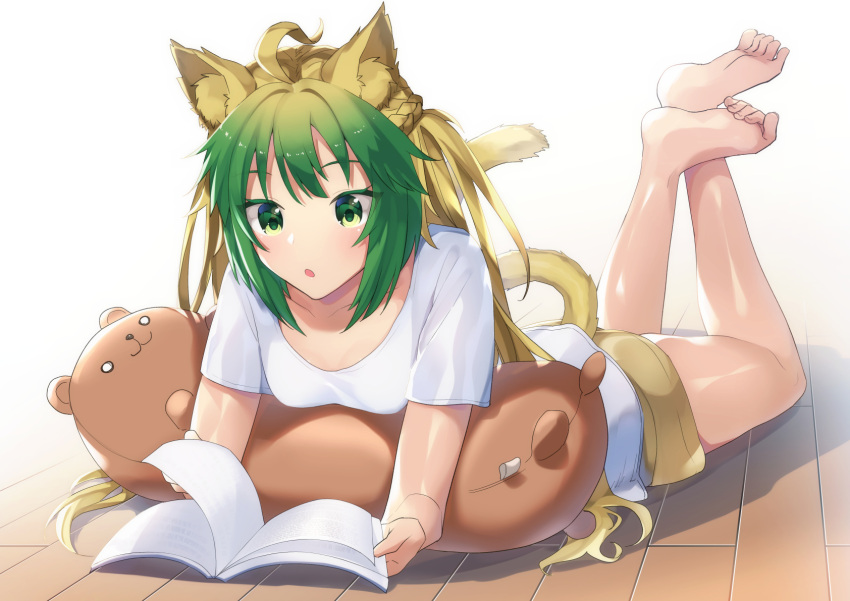 1girl animal_ears atalanta_(fate) barefoot blonde_hair book breasts brown_shorts cat_ears cat_tail cleavage collarbone fate/apocrypha fate_(series) green_eyes green_hair highres long_hair lying multicolored_hair on_stomach open_book open_mouth reading shiny shiny_hair shiny_skin shirt short_shorts short_sleeves shorts small_breasts solo tail tanaka_arumi two-tone_hair white_background white_shirt wooden_floor