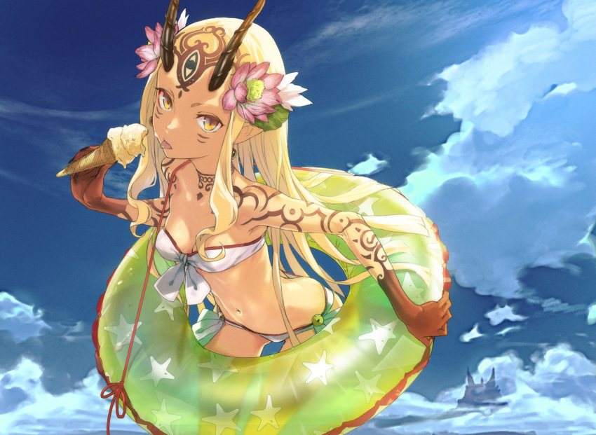 1girl :p bandeau bare_shoulders bikini blonde_hair blue_sky breasts butt_crack cleavage clouds cloudy_sky commentary_request cowboy_shot day earrings facial_mark fate/grand_order fate_(series) flower food from_above front-tie_bikini front-tie_top gluteal_fold green_innertube hair_flower hair_ornament highres horns ibaraki_douji_(fate/grand_order) ice_cream ice_cream_cone innertube jewelry leaning_forward long_hair looking_at_viewer looking_up navel redjuice revision side-tie_bikini sidelocks sky small_breasts solo swimsuit tattoo tongue tongue_out very_long_hair yellow_eyes