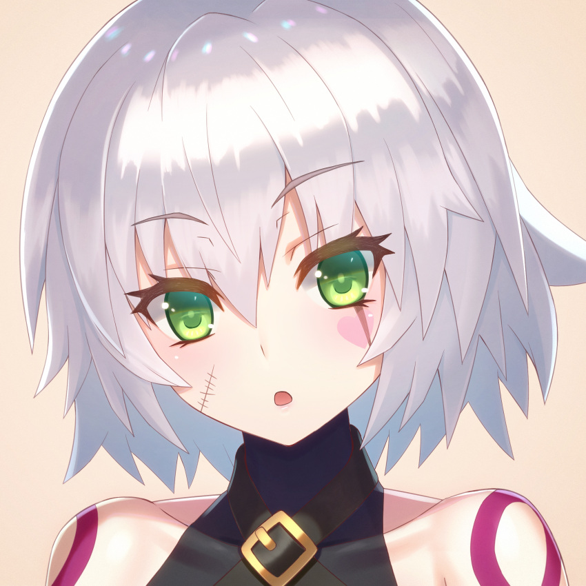 1girl :o bangs bare_shoulders belt_buckle blush buckle commentary_request covered_collarbone eyebrows_visible_through_hair facial_scar fate/apocrypha fate_(series) green_eyes grey_hair hair_between_eyes heart highres jack_the_ripper_(fate/apocrypha) kaina_(tsubasakuronikuru) looking_at_viewer pink_background portrait scar scar_across_eye scar_on_cheek short_hair shoulder_tattoo simple_background solo tattoo turtleneck