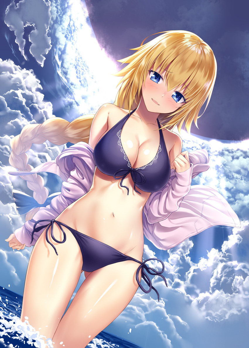 1girl :d absurdres bangs bare_shoulders bikini black_bikini blonde_hair blue_bow blue_eyes blue_sky blush bow breasts cleavage clouds cloudy cloudy_sky collarbone cowboy_shot eyebrows_visible_through_hair fate/apocrypha fate_(series) front-tie_top gluteal_fold groin hair_between_eyes hair_bow heirou highres hood hood_down hoodie jeanne_d'arc_(fate) jeanne_d'arc_(fate)_(all) large_breasts legs_together long_hair long_sleeves looking_at_viewer midriff navel off_shoulder open_clothes open_hoodie open_mouth partially_submerged shiny shiny_skin side-tie_bikini sky smile solo standing stomach swimsuit very_long_hair water