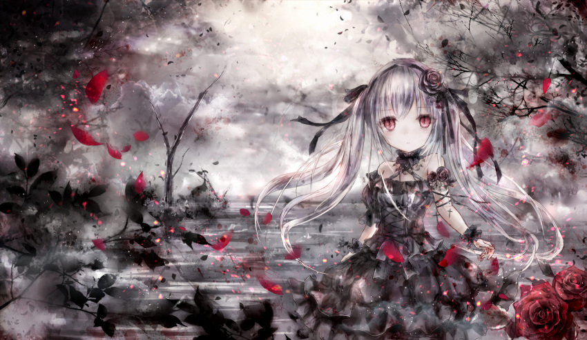 1girl bangs bare_shoulders bare_tree black_dress black_flower black_ribbon black_rose black_scrunchie blush closed_mouth clouds cloudy_sky commentary_request criss-cross_halter dress eyebrows_visible_through_hair flower gothic_lolita hair_between_eyes hair_flower hair_ornament halterneck highres jitome lolita_fashion long_hair looking_at_viewer motion_blur original outdoors overcast petals puffy_short_sleeves puffy_sleeves razurimu red_eyes red_flower red_rose ribbon rose rose_petals scrunchie short_sleeves silver_hair single_detached_sleeve sky sleeveless sleeveless_dress solo tree twintails very_long_hair wrist_scrunchie