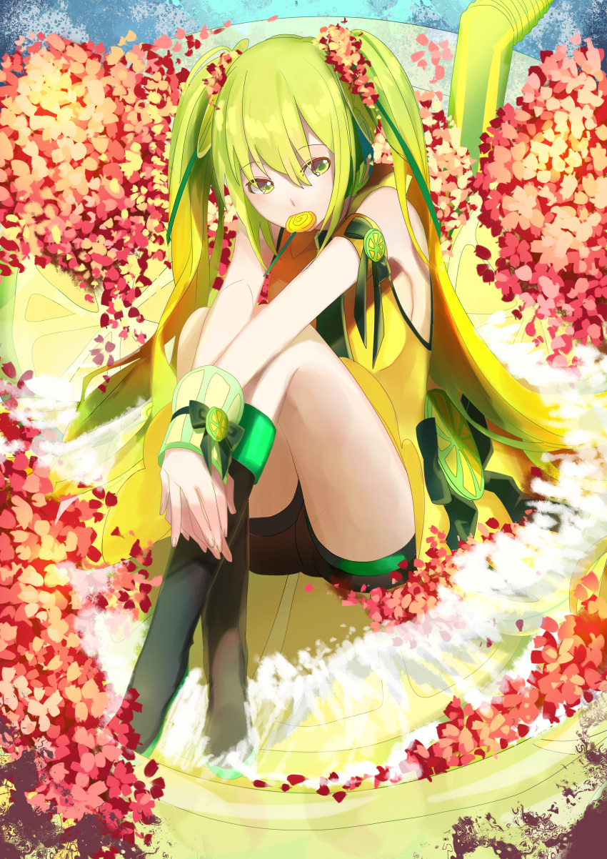 1girl absurdres arm_strap black_footwear black_shorts blonde_hair boots breasts eyebrows_visible_through_hair flower full_body gradient_hair green_eyes green_hair hair_between_eyes hair_flower hair_ornament hatsune_miku highres knee_boots long_hair medium_breasts mouth_hold multicolored_hair red_flower shirt short_shorts shorts sideboob sitting sleeveless sleeveless_shirt solo twintails two-tone_hair very_long_hair vocaloid wrist_cuffs xiaonuo_(1906803064) yellow_shirt