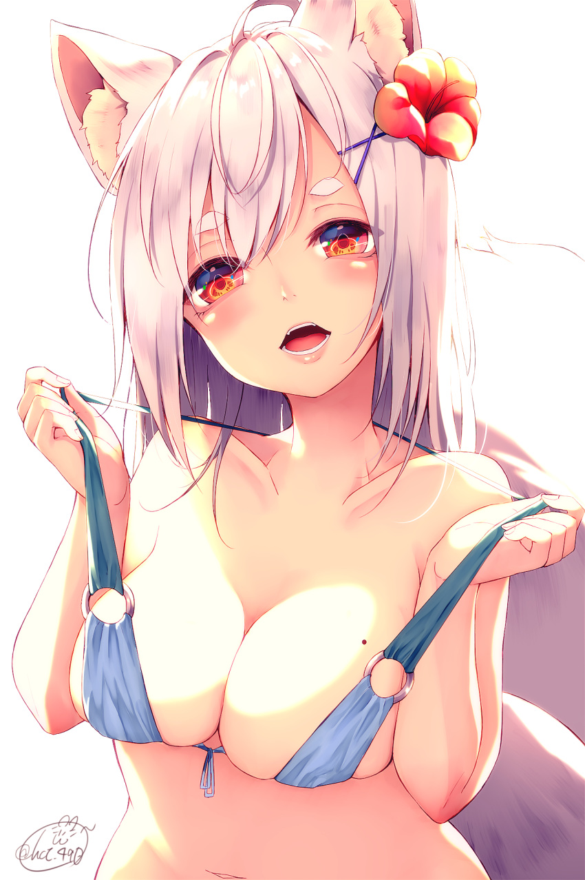 1girl animal_ears bangs bikini blue_bikini blush breasts chita_(ketchup) collarbone flower fox_ears fox_girl fox_tail front-tie_bikini front-tie_top grey_hair hair_flower hair_ornament hands_up head_tilt highres large_breasts lifted_by_self looking_at_viewer mole mole_on_breast navel o-ring o-ring_top open_mouth original red_eyes red_flower signature simple_background skindentation solo strap_lift swimsuit tail thick_eyebrows upper_body white_background x_hair_ornament