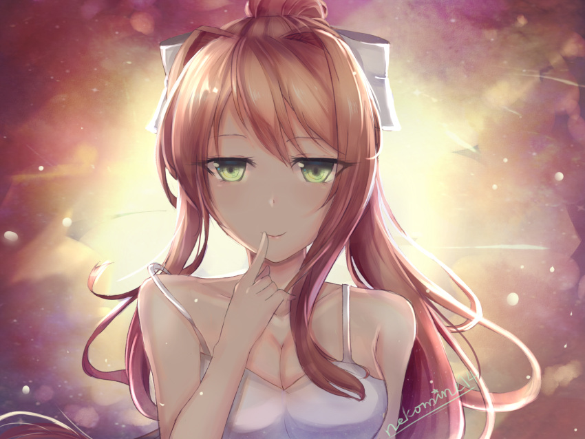 1girl abstract_background artist_name breasts brown_hair cleavage collarbone commentary doki_doki_literature_club dress english_commentary eyes_visible_through_hair finger_to_mouth green_eyes hair_ribbon highres long_hair looking_at_viewer medium_breasts monika_(doki_doki_literature_club) nekomine14 ponytail ribbon smile solo upper_body white_dress white_ribbon