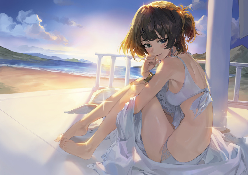 1girl absurdres backlighting bare_legs barefoot beach bikini blue_eyes blush bracelet breasts dusk dutch_angle earrings from_behind glint green_eyes hand_to_own_mouth heterochromia highres idolmaster idolmaster_cinderella_girls jewelry korean_commentary looking_at_viewer looking_back mole mole_under_eye mossi one_side_up outdoors parted_lips sitting small_breasts smile solo sunset swimsuit takagaki_kaede white_bikini