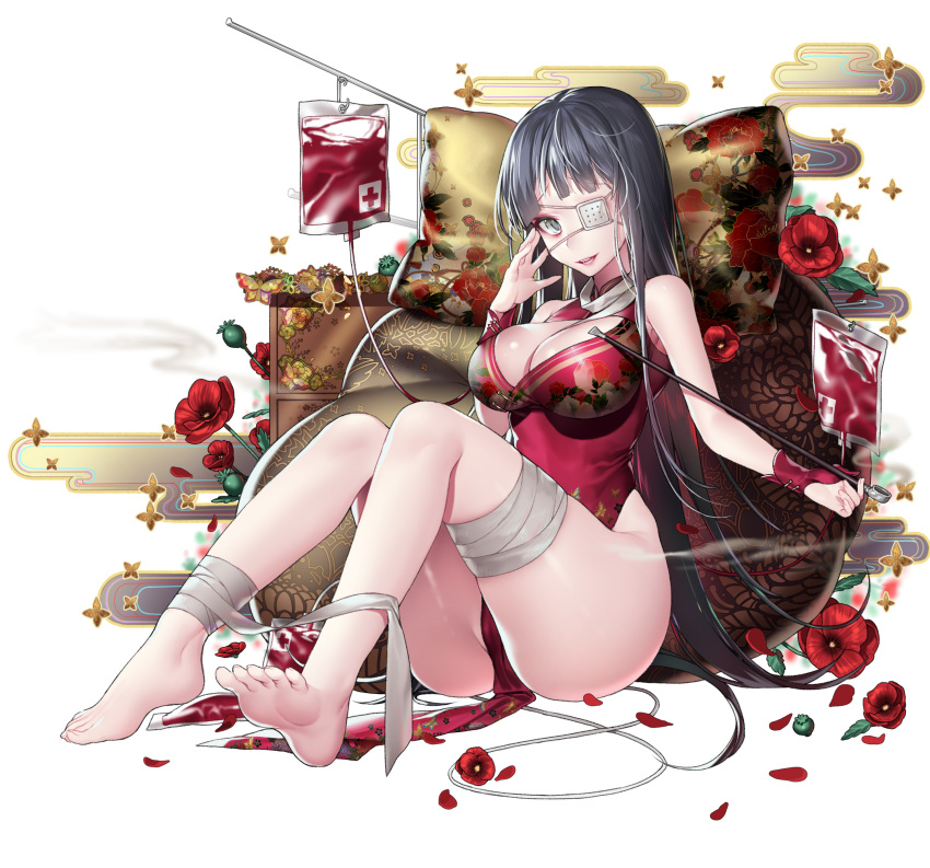 1girl absurdres arm_up bandage bandaged_leg bangs bare_shoulders barefoot black_hair blood blood_bag breasts china_dress chinese_clothes cleavage cleavage_cutout commentary_request dress egasumi eyebrows_visible_through_hair eyepatch fingernails floral_print flower grey_eyes highres holding holding_pipe ia_(ias1010) kiseru large_breasts long_hair medical_eyepatch no_panties original parted_lips pelvic_curtain pillow pipe print_pillow red_cross red_dress red_flower rose_print sitting sleeveless sleeveless_dress smoke smoking solo very_long_hair