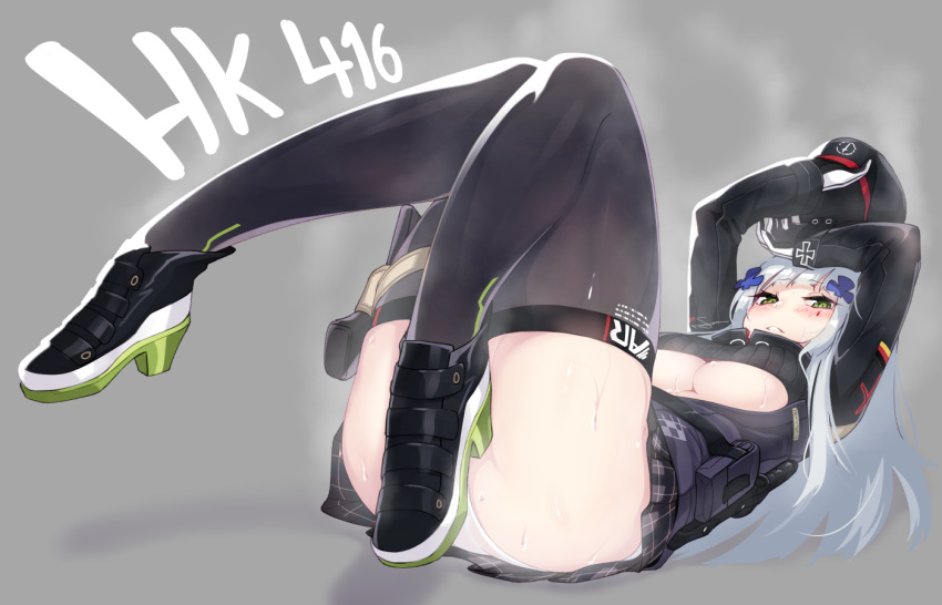 1girl black_legwear blush boots breasts cleavage dev girls_frontline gloves green_eyes hat hat_removed headwear_removed hk416_(girls_frontline) knife large_breasts long_hair looking_at_viewer lying miniskirt on_back panties parted_lips pleated_skirt silver_hair skirt solo sweat tattoo thigh-highs under_boob underwear white_panties