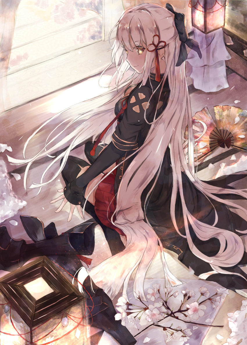 1girl arm_guards armored_boots bangs black_bow black_coat black_footwear black_legwear boots boots_removed bow brown_eyes closed_mouth coat commentary_request dark_skin dress eyebrows_visible_through_hair fan fate/grand_order fate_(series) flower folding_fan hair_between_eyes hair_bow hair_ornament hanagin highres indoors koha-ace lantern long_hair looking_at_viewer looking_back okita_souji_(alter)_(fate) okita_souji_(fate)_(all) open_clothes open_coat pleated_dress red_dress seiza short_sleeves silver_hair sitting smile solo tassel thigh-highs very_long_hair white_flower