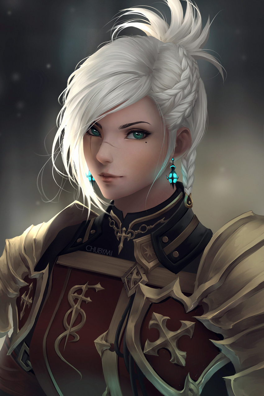 1girl armor artist_name blue_eyes blurry blurry_background braid chuby_mi earrings final_fantasy final_fantasy_xiv highres hyur jewelry lips looking_at_viewer mole mole_under_eye portrait scar scar_across_eye short_hair smile solo warrior_(final_fantasy) white_hair