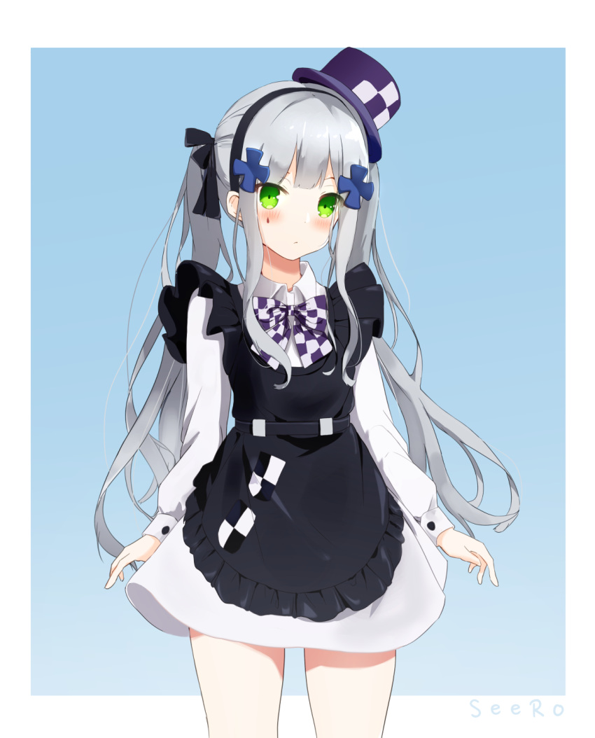 1girl apron artist_name bangs black_apron black_bow black_hairband blue_background bow bowtie checkered checkered_neckwear collared_shirt commentary cowboy_shot frilled_apron frills girls_frontline green_eyes hair_bow hair_ornament hairband hat highres hk416_(girls_frontline) long_hair long_sleeves looking_at_viewer mini_hat mini_top_hat purple_hat seero shirt sidelocks signature silver_hair skirt solo top_hat twintails two-tone_background very_long_hair white_background white_shirt white_skirt
