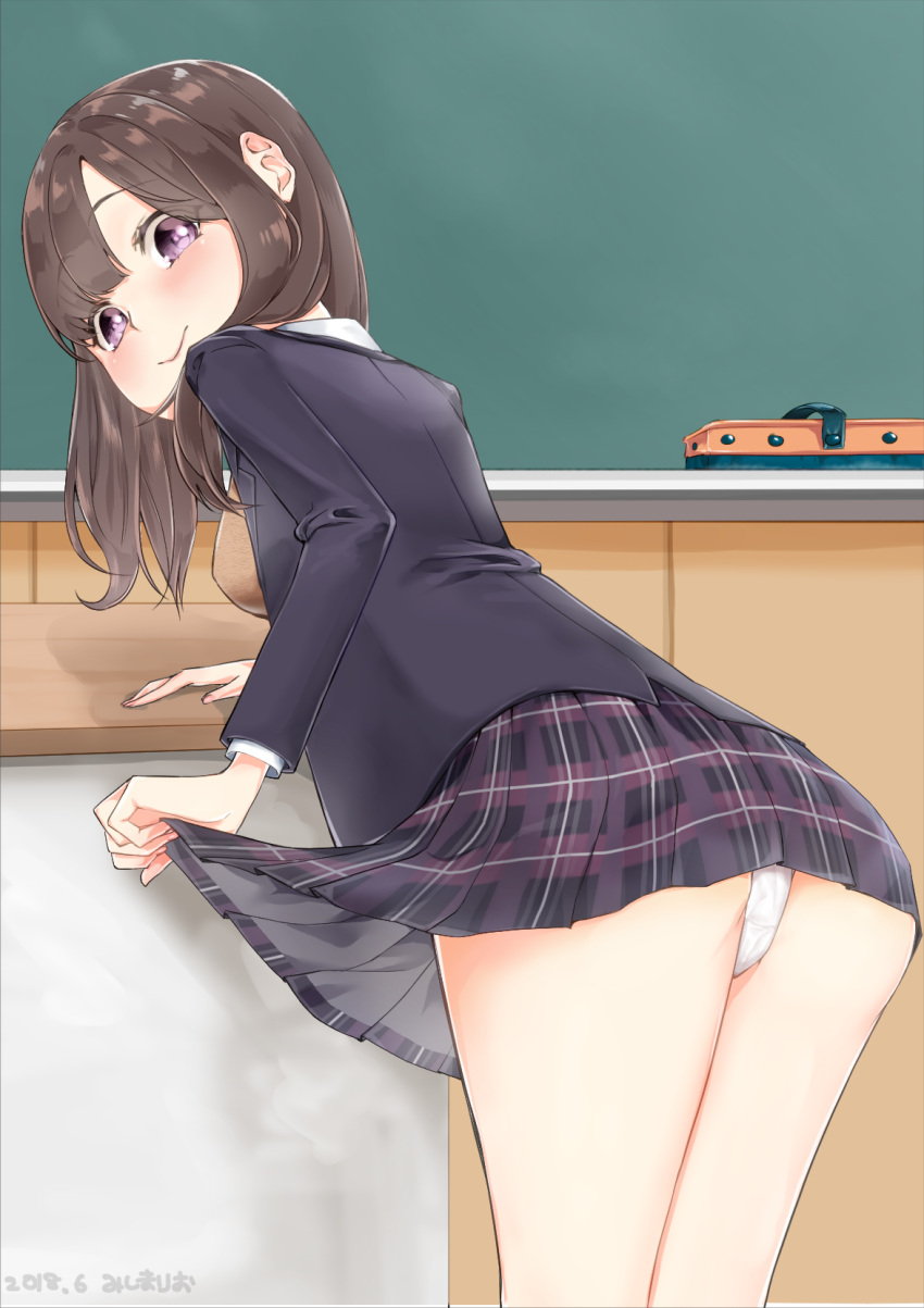 1girl arm_support ass bangs black_jacket blazer blush breasts brown_hair chalkboard classroom closed_mouth commentary_request desk eyebrows_visible_through_hair fingernails highres indoors jacket leaning_forward long_hair long_sleeves medium_breasts mishima_ryo open_blazer open_clothes open_jacket original panties plaid plaid_skirt pleated_skirt purple_skirt school_uniform skirt smile solo thighs underwear violet_eyes white_panties