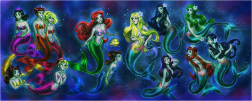 6+girls adella_(disney) alana_(disney) andersen_douwa_ningyo_hime andrina_(disney) aquata_(disney) ariel_(disney) arista_(disney) attina_(disney) bangs black_hair blonde_hair blunt_bangs brown_hair bubble closed_mouth commentary commission daekazu disney english_commentary eye_contact fish flounder_(the_little_mermaid) flower fritz_(andersen_douwa_ningyo_hime) green_eyes hair_flower hair_ornament hair_over_breasts happy highres long_hair looking_at_another marina_(andersen_douwa_ningyo_hime) mermaid monster_girl multiple_girls ponytail redhead siblings signature sisters_(andersen_douwa_ningyo_hime) smile swimming the_little_mermaid tied_hair topless trait_connection underwater watermark web_address