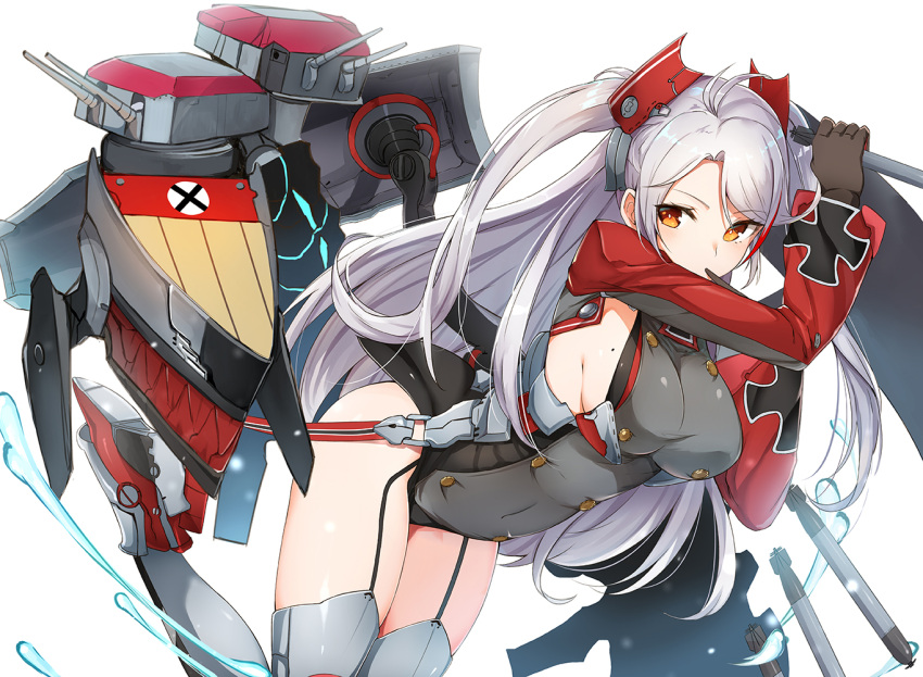 1girl antenna_hair ass azur_lane bangs between_legs blush breasts closed_mouth covered_navel eyebrows_visible_through_hair finger_to_mouth garter_straps gloves hair_between_eyes hand_between_legs head_tilt headgear iron_cross large_breasts long_hair long_sleeves looking_at_viewer luse_maonang machinery mole mole_on_breast multicolored_hair prinz_eugen_(azur_lane) red_lips redhead sideboob silver_hair simple_background sitting smile solo sparkle streaked_hair swept_bangs thigh-highs thighs twintails two_side_up very_long_hair wariza white_background wide_sleeves