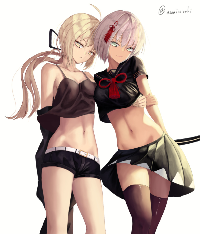 2girls absurdres ahoge arm_behind_back artist_name artoria_pendragon_(all) bangs belt black_legwear black_ribbon black_shirt black_shorts black_skirt breasts cleavage collarbone crop_top eyebrows_visible_through_hair fate/grand_order fate_(series) floating_hair green_eyes groin hair_between_eyes hair_ribbon head_tilt highres long_hair looking_at_viewer medium_breasts midriff miniskirt multiple_girls navel nekobell okita_souji_(alter)_(fate) okita_souji_(fate)_(all) pleated_skirt ponytail ribbon saber_alter shiny_legwear shirt short_hair short_shorts shorts sideboob silver_hair simple_background skirt sleeveless sleeveless_shirt standing stomach thigh-highs white_background yellow_eyes