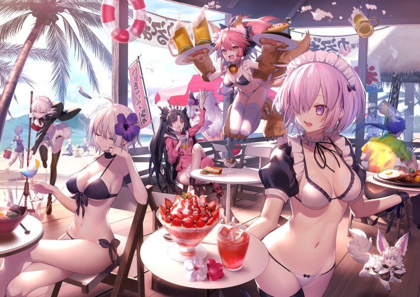 3boys 6+girls :d absurdres ahoge alternate_costume apron arm_up artoria_pendragon_(all) artoria_pendragon_(swimsuit_rider_alter) asterios_(fate/grand_order) beer_mug bikini black_gloves black_hair black_legwear blue_hair bow braid breasts bright_pupils closed_eyes clouds detached_collar doll_joints drinking_straw elbow_gloves euryale eyebrows_visible_through_hair fangs fate/grand_order fate_(series) flower food fou_(fate/grand_order) fruit gilgamesh gloves hair_bow hair_flower hair_ornament hair_over_one_eye headpiece highres hood hoodie horns huge_filesize ishtar_(swimsuit_rider)_(fate) jack_the_ripper_(fate/apocrypha) jeanne_d'arc_(alter)_(fate) jeanne_d'arc_(fate)_(all) jeanne_d'arc_alter_santa_lily lancer large_breasts legs_crossed long_hair low_ponytail maid_bikini maid_headdress mash_kyrielight medium_breasts mop mordred_(fate)_(all) mordred_(swimsuit_rider)_(fate) multiple_boys multiple_girls navel nursery_rhyme_(fate/extra) open_mouth outdoors palm_tree parfait paw_gloves paws pink_hair puffy_short_sleeves puffy_sleeves revision ribbon_trim sand_castle sand_sculpture shinooji short_hair short_sleeves side-tie_bikini silver_hair sitting small_breasts smile strawberry swimsuit tamamo_(fate)_(all) tamamo_cat_(fate) tattoo thigh-highs tray tree twin_braids violet_eyes waist_apron wariza white_legwear white_pupils wrist_cuffs yellow_eyes