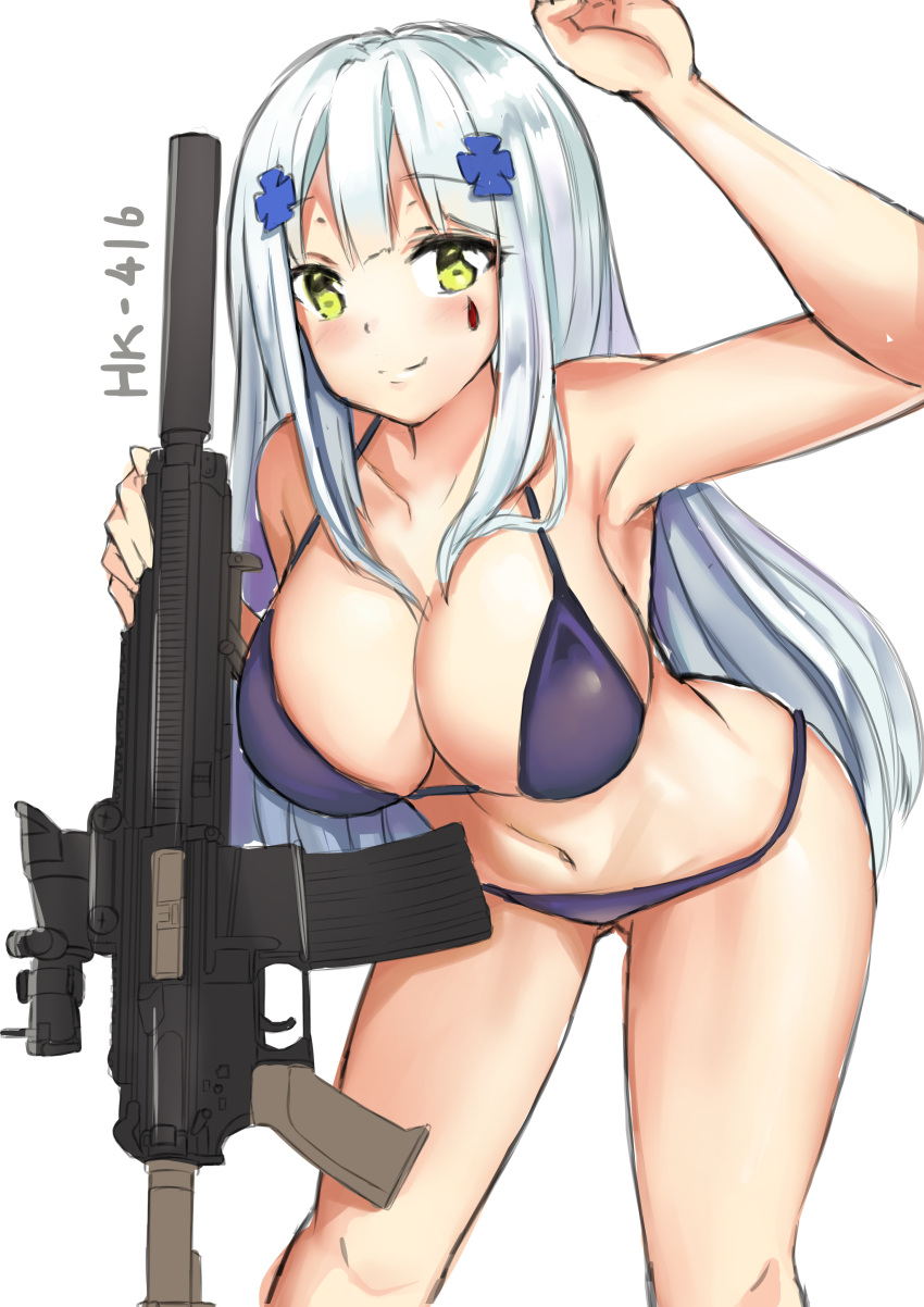 absurdres assault_rifle bent_over bikini blush breasts character_name cleavage eyebrows eyebrows_visible_through_hair girls_frontline green_eyes gun hair_ornament heckler_&amp;_koch highres hk416 hk416_(girls_frontline) looking_at_viewer negister purple_bikini rifle silver_hair sketch smile swimsuit tattoo weapon