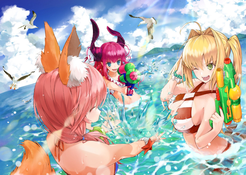 3girls alternate_costume animal animal_ears arched_back bare_shoulders bead_bracelet beads bikini bird blue_bikini blue_eyes blue_sky bracelet breasts closed_eyes clouds cloudy_sky criss-cross_halter dutch_angle earrings elizabeth_bathory_(fate) elizabeth_bathory_(fate)_(all) eyebrows_visible_through_hair fate/extra fate/grand_order fate_(series) fox_ears fox_tail from_behind green_eyes hair_between_eyes hair_intakes halter_top halterneck highres horns island jewelry large_breasts light_particles light_rays long_hair looking_at_another midriff multiple_girls nero_claudius_(fate) nero_claudius_(fate)_(all) nero_claudius_(swimsuit_caster)_(fate) ocean one_eye_closed open_mouth partially_submerged pink_hair red_bikini redhead seagull side-tie_bikini sky small_breasts splashing striped striped_bikini swimsuit tail tamamo_(fate)_(all) tamamo_no_mae_(fate) tamamo_no_mae_(swimsuit_lancer)_(fate) twintails utayoi_(umakatare) very_long_hair water_gun wet wet_clothes