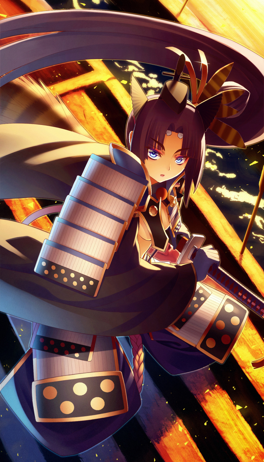 1girl armor arrow baggy_pants bangs battoujutsu_stance black_hair black_hat black_pants blue_eyes blue_gloves breasts eyebrows_visible_through_hair eyeliner fate/grand_order fate_(series) fighting_stance floating_hair from_above gloves hair_ornament hat high_collar highres japanese_armor kaina_(tsubasakuronikuru) katana kusazuri legs_apart long_hair long_sleeves looking_at_viewer makeup outdoors pants parted_bangs parted_lips planted_arrow scabbard sheath shoulder_armor side_ponytail small_breasts sode solo standing sword tsurime under_boob ushiwakamaru_(fate/grand_order) very_long_hair water weapon