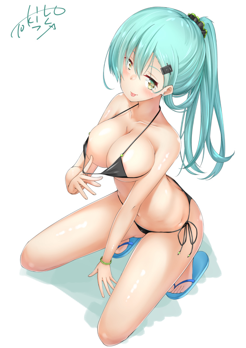 :p absurdres bikini bikini_pull black_bikini breasts cleavage earrings green_hair hair_ornament hairclip highres jewelry kantai_collection kneeling large_breasts long_hair ponytail sandals side-tie_bikini signature simple_background string_bikini stud_earrings suzuya_(kantai_collection) swimsuit tokito_yu tongue tongue_out yellow_eyes