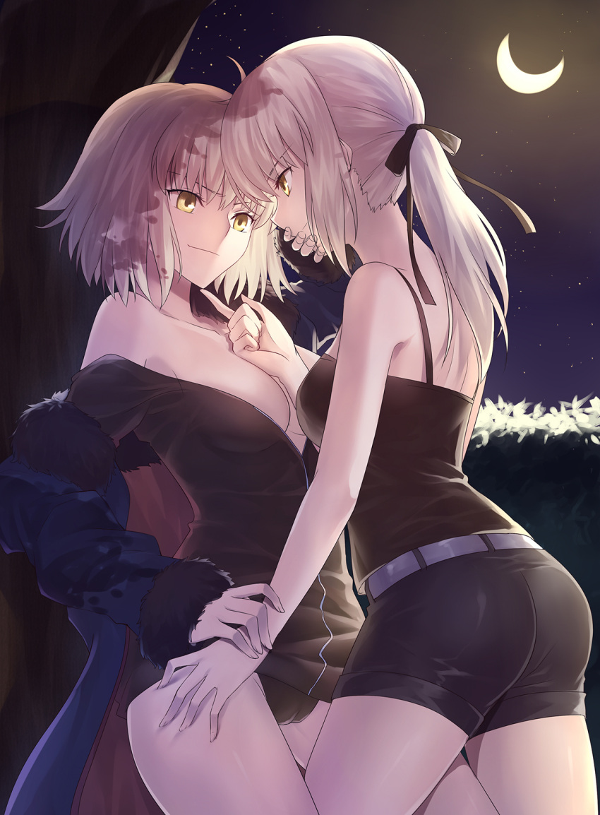 ahoge artoria_pendragon_(all) ass bangs bare_shoulders belt black_camisole black_dress black_ribbon black_shorts blonde_hair blue_coat breasts cleavage closed_mouth coat collarbone dress eyebrows_visible_through_hair fate/grand_order fate/stay_night fate_(series) fur-trimmed_coat fur_trim gogatsu_fukuin hair_between_eyes hair_ribbon hand_on_another's_hip highres hips jeanne_d'arc_(alter)_(fate) jeanne_d'arc_(fate)_(all) large_breasts long_hair looking_at_another medium_breasts moon night night_sky off_shoulder open_clothes open_coat open_dress ponytail ribbon saber_alter short_hair shorts silver_hair sky smile star thighs tree wicked_dragon_witch_ver._shinjuku_1999 yellow_eyes