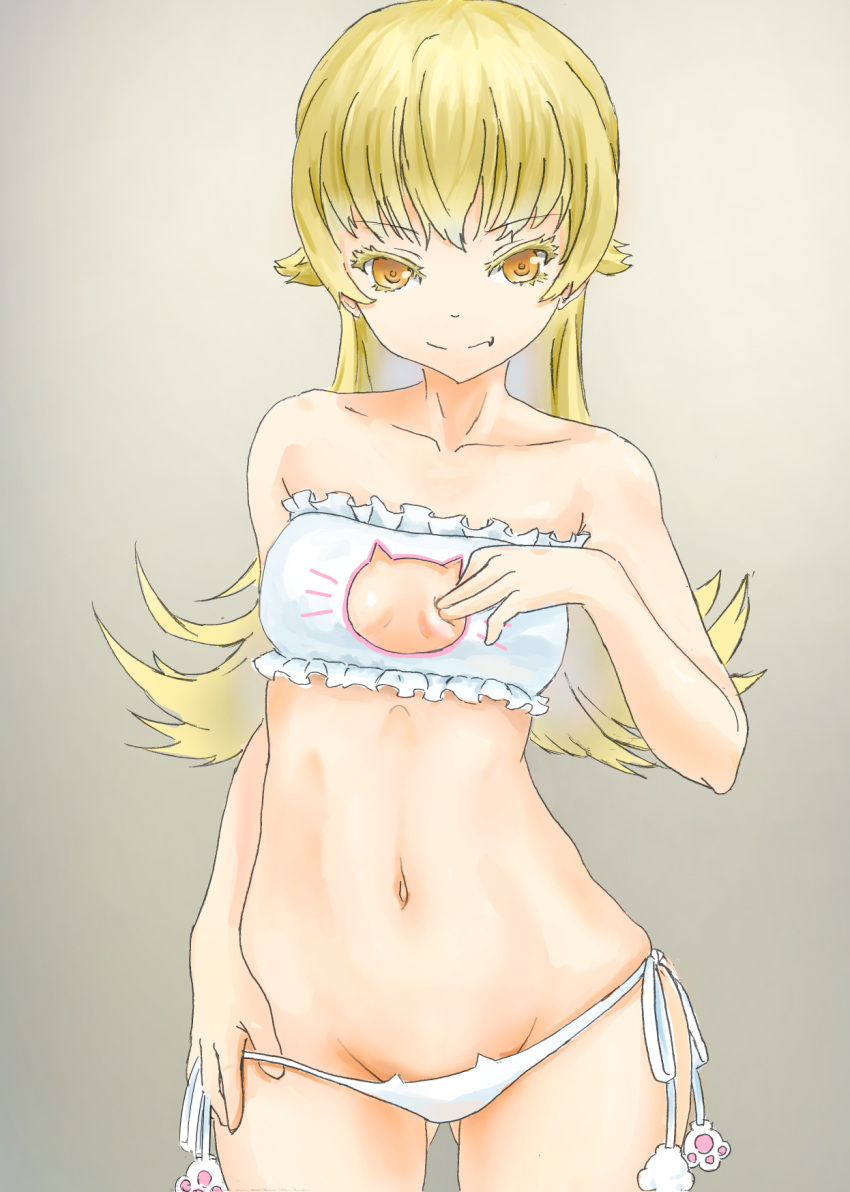 1girl bakemonogatari bangs blonde_hair bra breasts brown_background cat_cutout cat_ear_panties cat_lingerie cleavage_cutout closed_mouth collarbone commentary_request cowboy_shot eyebrows_visible_through_hair fang frilled_bra frills gluteal_fold hand_on_own_chest highres lingerie long_hair looking_at_viewer lowleg lowleg_panties meme_attire monogatari_(series) navel oshino_shinobu panties panty_pull side-tie_panties small_breasts smile soil_(doitakumi11) solo standing strapless strapless_bra traditional_media underwear underwear_only white_bra white_panties yellow_eyes