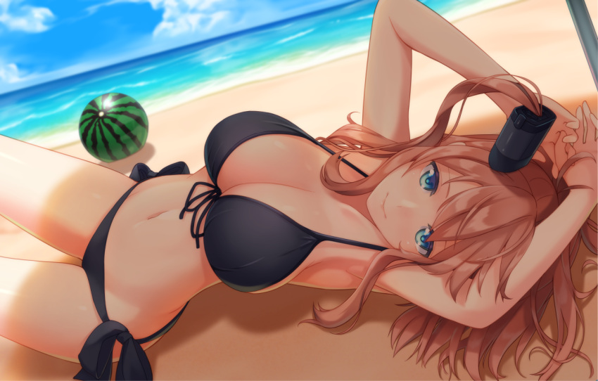 1girl alternate_costume armpits arms_up beach bikini black_bikini blue_eyes blue_sky blush breasts brown_hair cleavage closed_mouth collarbone day food front-tie_top fruit groin hair_between_eyes hazuki_akaoto kantai_collection knees_up large_breasts long_hair looking_at_viewer lying navel ocean on_back outdoors ponytail sand saratoga_(kantai_collection) shade side-tie_bikini side_ponytail sidelocks sky smile solo stomach swimsuit thighs umbrella watermelon waves