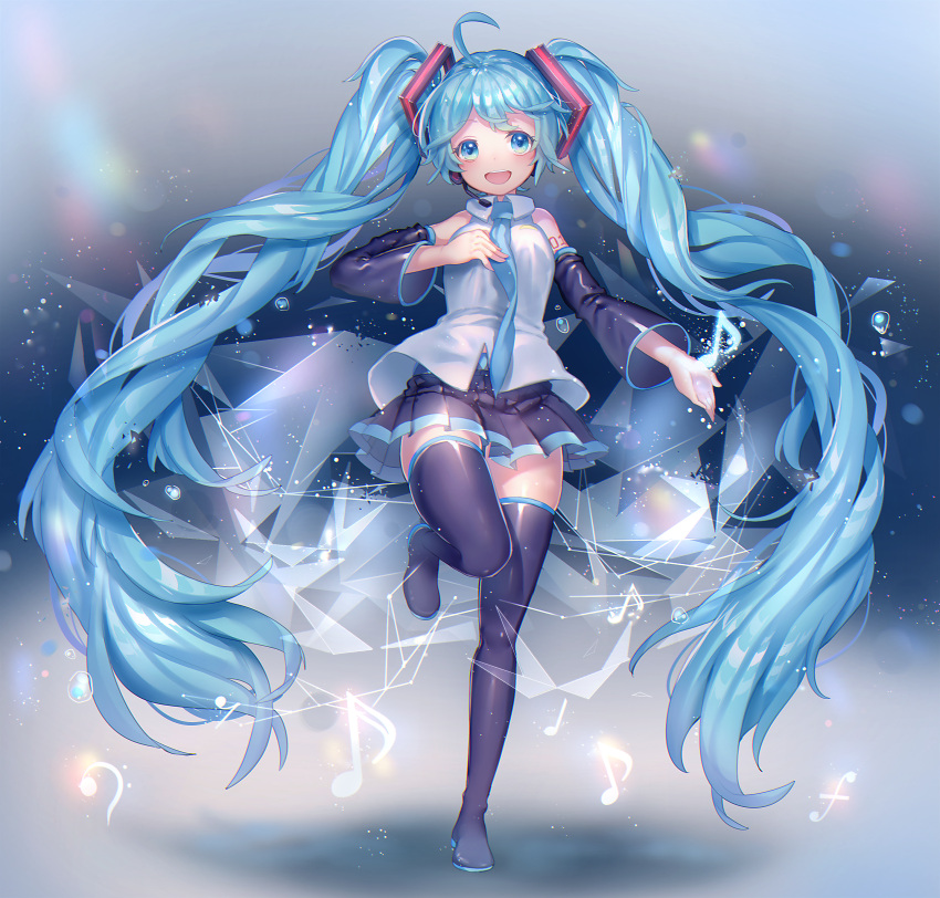 1girl :d absurdly_long_hair absurdres ahoge aqua_eyes aqua_hair boots detached_sleeves full_body hand_on_own_chest hatsune_miku headset highres komadori_ui long_hair looking_at_viewer musical_note necktie open_mouth skirt smile solo standing standing_on_one_leg thigh-highs thigh_boots twintails very_long_hair vocaloid