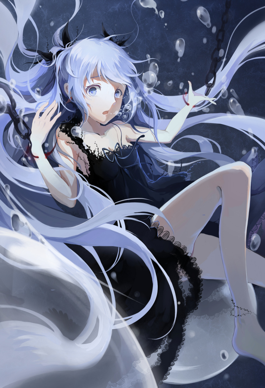 1girl absurdres anklet bangs barefoot black_dress black_ribbon blood blue_eyes blue_hair breasts bubble chains cleavage collarbone cr dress floating_hair hair_ribbon hatsune_miku highres jewelry long_hair neck_ribbon open_mouth ribbon shinkai_shoujo_(vocaloid) sideboob sleeveless sleeveless_dress small_breasts solo underwater very_long_hair vocaloid