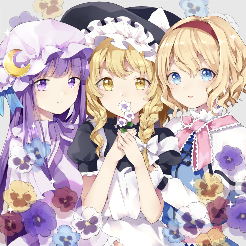 3girls alice_margatroid apron bangs black_hat black_shirt blonde_hair blue_dress blue_eyes blue_flower blue_ribbon bow braid breasts capelet commentary_request crescent crescent_hair_ornament dress eyebrows_visible_through_hair flower frilled_shirt_collar frilled_sleeves frills grey_background hair_between_eyes hair_bow hair_ornament hairband hands_up hat hat_bow hat_ribbon highres holding holding_flower kirisame_marisa long_hair long_sleeves medium_breasts mob_cap multiple_girls pansy parted_lips patchouli_knowledge pink_neckwear pink_sash puffy_short_sleeves puffy_sleeves purple_capelet purple_dress purple_flower purple_hair purple_hat red_flower red_hairband ribbon risui_(suzu_rks) shirt short_hair short_sleeves sidelocks simple_background single_braid smile sparkle striped touhou upper_body vertical-striped_dress vertical_stripes violet_eyes white_apron white_bow white_flower wide_sleeves witch_hat yellow_eyes yellow_flower