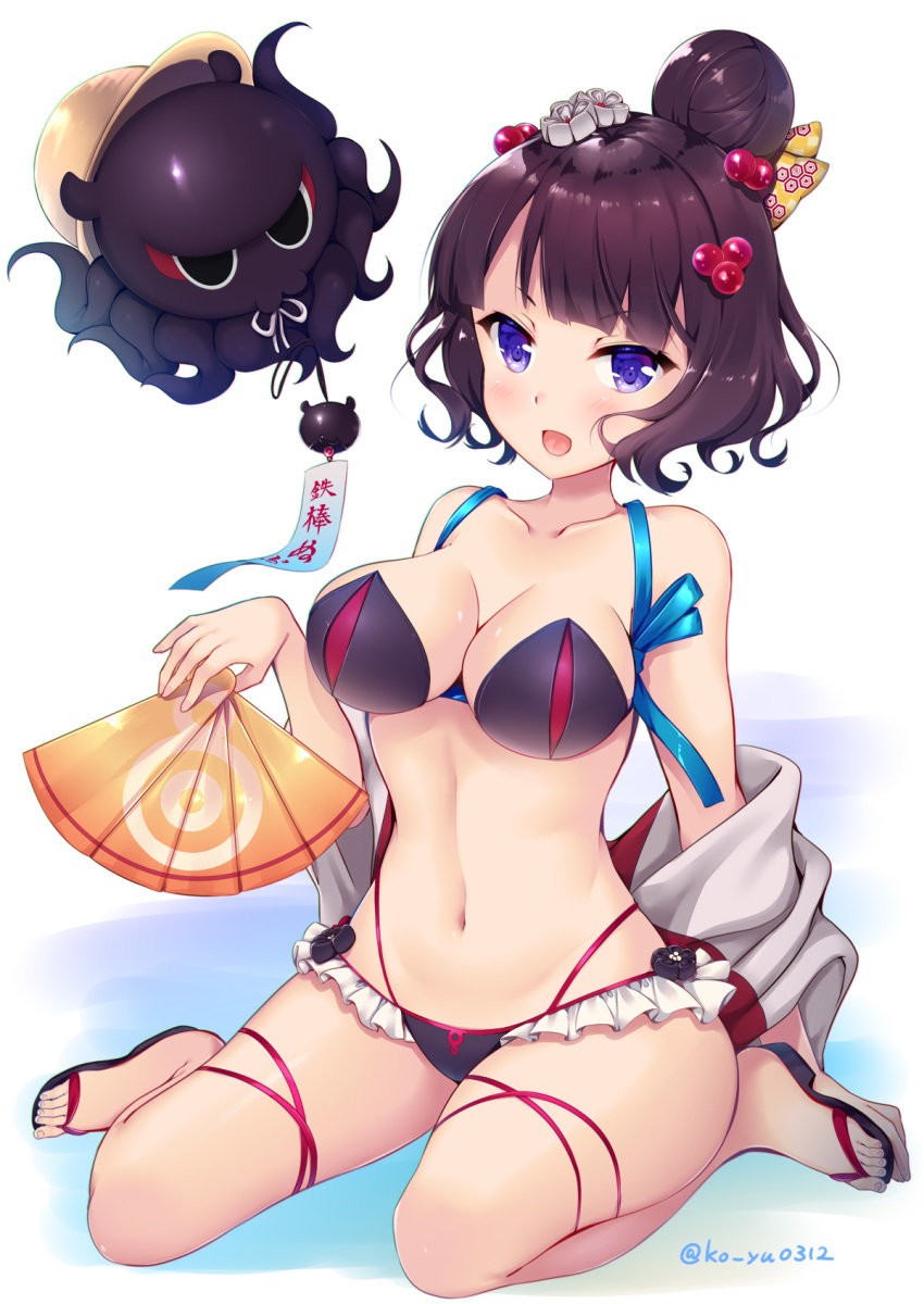 1girl :d animal bangs bare_shoulders bikini black_bikini black_footwear blush breasts cleavage collarbone commentary_request eyebrows_visible_through_hair fan fate/grand_order fate_(series) folding_fan hair_bun hair_ornament hat highres holding holding_fan jacket katsushika_hokusai_(fate/grand_order) ko_yu large_breasts long_sleeves navel octopus open_clothes open_jacket open_mouth purple_hair sandals sitting smile solo swimsuit translation_request twitter_username v-shaped_eyebrows violet_eyes wariza white_background white_jacket wide_sleeves wind_chime yellow_hat