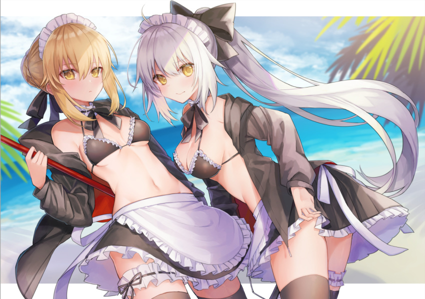 .com_(cu_105) 2girls alternate_costume alternate_hairstyle apron artoria_pendragon_(all) artoria_pendragon_(swimsuit_rider_alter) artoria_pendragon_(swimsuit_rider_alter)_(cosplay) ass beach bikini black_bikini black_jacket black_legwear black_ribbon blonde_hair blurry blurry_background braid breasts cleavage commentary_request cosplay cowboy_shot enmaided eyebrows_visible_through_hair fate/grand_order fate_(series) french_braid frilled_apron frilled_bikini_top frills gothic_lolita hair_between_eyes hood hoodie jacket jeanne_d'arc_(alter)_(fate) jeanne_d'arc_(fate)_(all) leaning_forward leg_garter lolita_fashion looking_at_viewer maid maid_bikini maid_headdress medium_breasts midriff mop multiple_girls navel open_clothes open_hoodie open_jacket pale_skin palm_tree ponytail ribbon sidelocks silver_hair small_breasts stomach swimsuit thigh-highs thighs tree waist_apron yellow_eyes