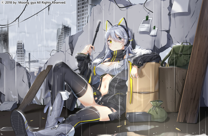 1girl absurdres animal_ears bag bangs black_eyes black_jacket black_legwear boots breasts bullet cat_ear_headphones cat_ears cleavage closed_mouth clouds cloudy_sky commentary eyebrows_visible_through_hair grey_footwear gun hair_between_eyes headphones heterochromia highres jacket knee_boots long_hair long_sleeves looking_at_viewer medium_breasts moong_gya navel original outdoors overcast partially_unzipped power_symbol puddle rain reflection ruins silver_hair sitting sky solo symbol-shaped_pupils thigh-highs thighhighs_under_boots turtleneck water watermark weapon weapon_request yellow_eyes