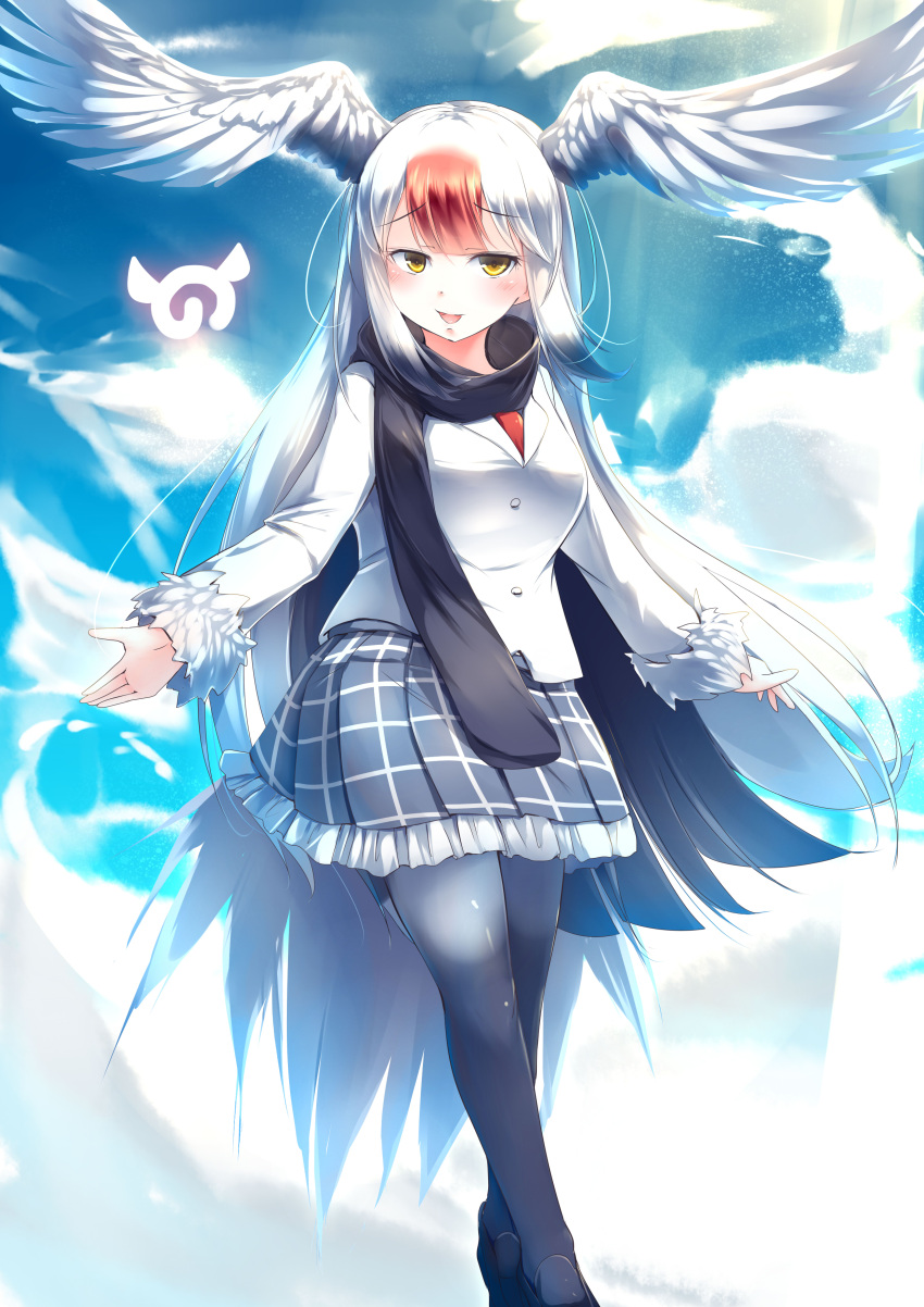 1girl :d absurdres bird_tail black_footwear black_scarf commentary_request eyebrows_visible_through_hair frilled_skirt frills fur-trimmed_sleeves fur_trim grey_legwear head_wings highres japari_symbol kanzakietc kemono_friends long_hair looking_at_viewer multicolored_hair open_mouth pantyhose plaid plaid_skirt pleated_skirt red-crowned_crane_(kemono_friends) redhead scarf shoes silver_hair skirt smile solo two-tone_hair very_long_hair yellow_eyes