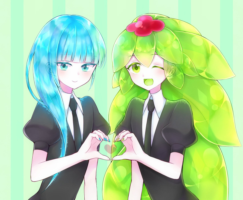2others androgynous asymmetrical_hair bangs blue_eyes blue_hair blunt_bangs colored_eyelashes crystal_hair eyebrows_visible_through_hair gem_uniform_(houseki_no_kuni) green_background green_eyes green_hair heart hemimorphite_(houseki_no_kuni) highres houseki_no_kuni long_hair looking_at_viewer multicolored_hair multiple_others necktie one_eye_closed open_mouth pink_hair smile upper_body watermelon_tourmaline_(houseki_no_kuni)