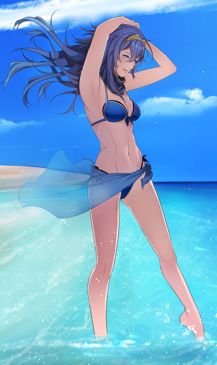 1girl absurdres alternate_costume arm_over_head armpits arms_up beach bikini blue_bikini blue_eyes blue_hair blue_sky breasts cleavage commentary fire_emblem fire_emblem:_kakusei fire_emblem_heroes hair_lift highres intelligent_systems lucina navel nintendo ocean outdoors parted_lips partially_submerged sand sarong sky solo stomach summer swimsuit tiara toned tusia water