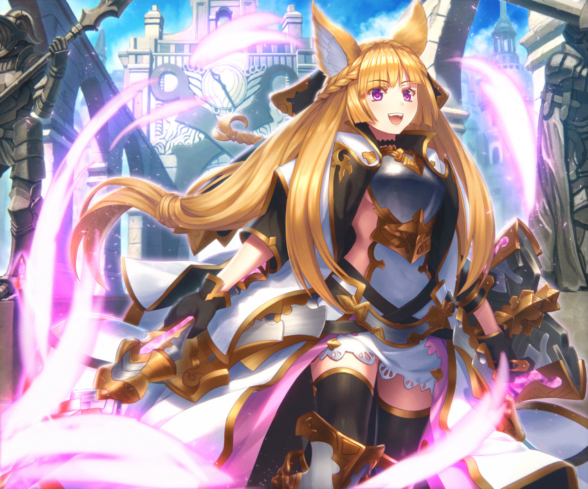 1girl :d bangs black_choker black_gloves black_legwear blonde_hair blue_sky blurry braid breastplate breasts building choker coat day depth_of_field erune eyebrows_visible_through_hair faulds floating_hair french_braid gloves glowing glowing_sword glowing_weapon granblue_fantasy greaves hair_ornament high_collar highres holding holding_shield holding_sword holding_weapon kaina_(tsubasakuronikuru) long_hair looking_at_viewer open_clothes open_coat open_mouth outdoors pillar shield shiny shiny_hair sideboob sidelocks sky smile solo standing statue sword thigh-highs upper_teeth very_long_hair violet_eyes weapon white_coat yuisis_(granblue_fantasy)