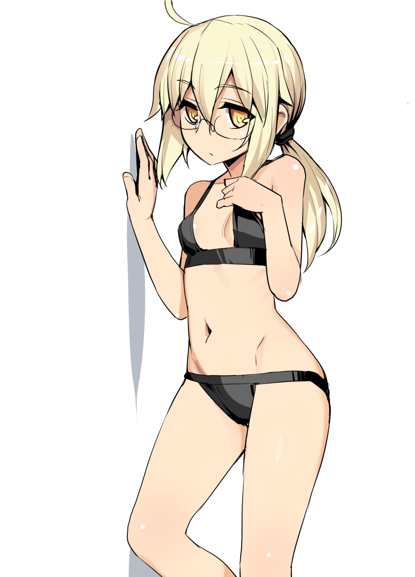 1girl absurdres against_wall ahoge artoria_pendragon_(all) bikini black_bikini blonde_hair breasts contrapposto expressionless fate/grand_order fate_(series) glasses hair_between_eyes hand_up highres looking_at_viewer low_ponytail mysterious_heroine_x_(alter) namonashi navel rimless_eyewear sidelocks simple_background small_breasts solo swimsuit white_background yellow_eyes
