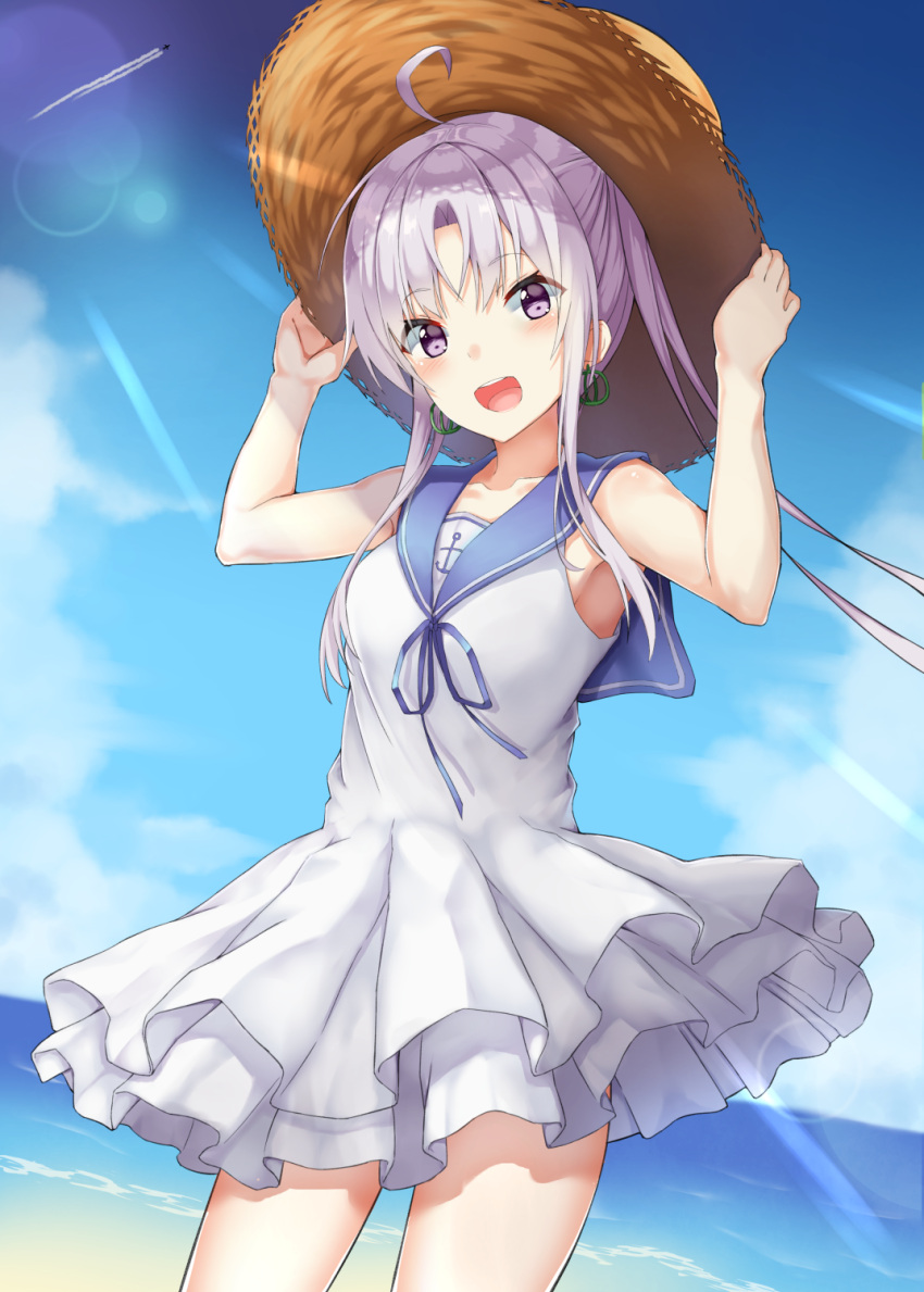 1girl :d ahoge aircraft airplane akitsushima_(kantai_collection) alternate_costume armpits bangs beach blue_sky blush breasts clouds collarbone day dress earrings eyebrows_visible_through_hair floating_hair hands_on_headwear hat hcci_pcci highres jewelry kantai_collection long_hair ocean open_mouth outdoors sand side_ponytail sidelocks sky sleeveless sleeveless_dress smile solo straw_hat sunlight thighs violet_eyes wind wind_lift