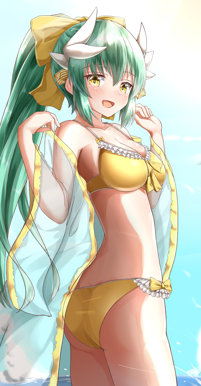 1girl :d absurdres ass bangs bikini blue_sky blush bow breasts cleavage clouds collarbone commentary_request day dragon_horns eyebrows_visible_through_hair fate/grand_order fate_(series) green_hair hair_between_eyes hair_bow hair_ornament hands_up high_ponytail highres horizon horns kiyohime_(fate/grand_order) kiyohime_(swimsuit_lancer)_(fate) large_breasts long_hair looking_at_viewer moyoron ocean off_shoulder open_mouth outdoors ponytail see-through sky smile solo swimsuit very_long_hair water yellow_bikini yellow_bow yellow_eyes