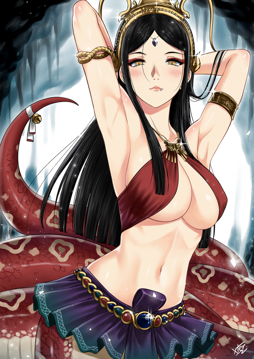 armpits arms_up bell belt black_hair blush crown fang goddess_nakee highres jewelry lamia long_hair midriff monster_girl navel necklace original signature skirt slit_pupils xtermination yellow_eyes