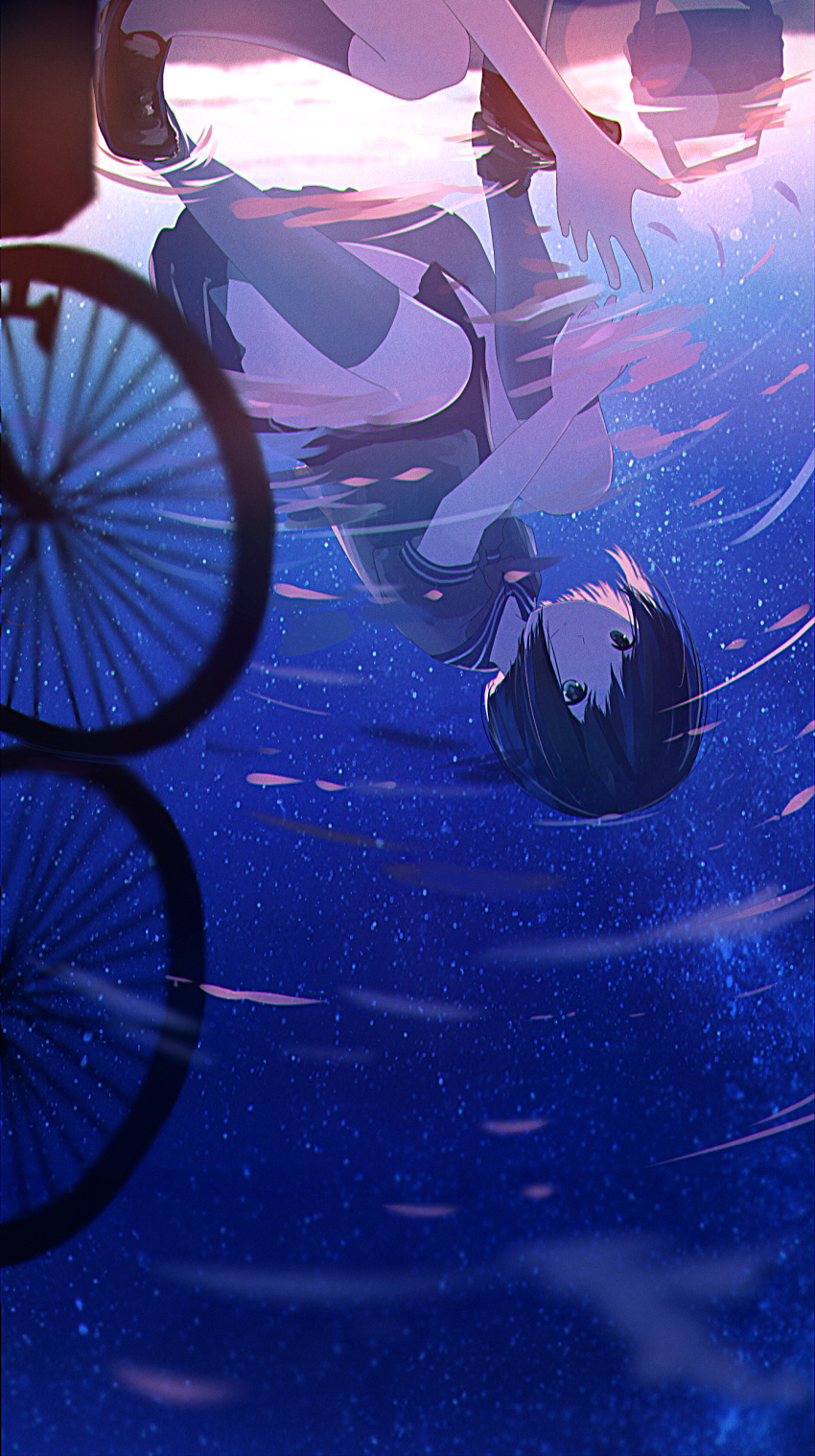 1girl absurdres bicycle black_eyes black_hair ground_vehicle highres kneehighs mifuru night night_sky original outstretched_hand reflecting_pool reflection sailor_collar school_uniform short_hair skirt sky smile star_(sky) starry_sky water water_surface