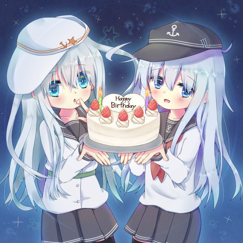 2girls ahoge anchor_symbol bangs black_hat black_legwear black_sailor_collar black_skirt blue_eyes cake candle eyebrows_visible_through_hair fire flat_cap food hair_between_eyes happy_birthday hat heart hibiki_(kantai_collection) highres holding holding_plate kantai_collection kirizuki_riko long_sleeves multiple_girls neckerchief plate pleated_skirt red_neckwear sailor_collar school_uniform serafuku shirt silver_hair skirt sparkle star thigh-highs verniy_(kantai_collection) white_hat white_shirt