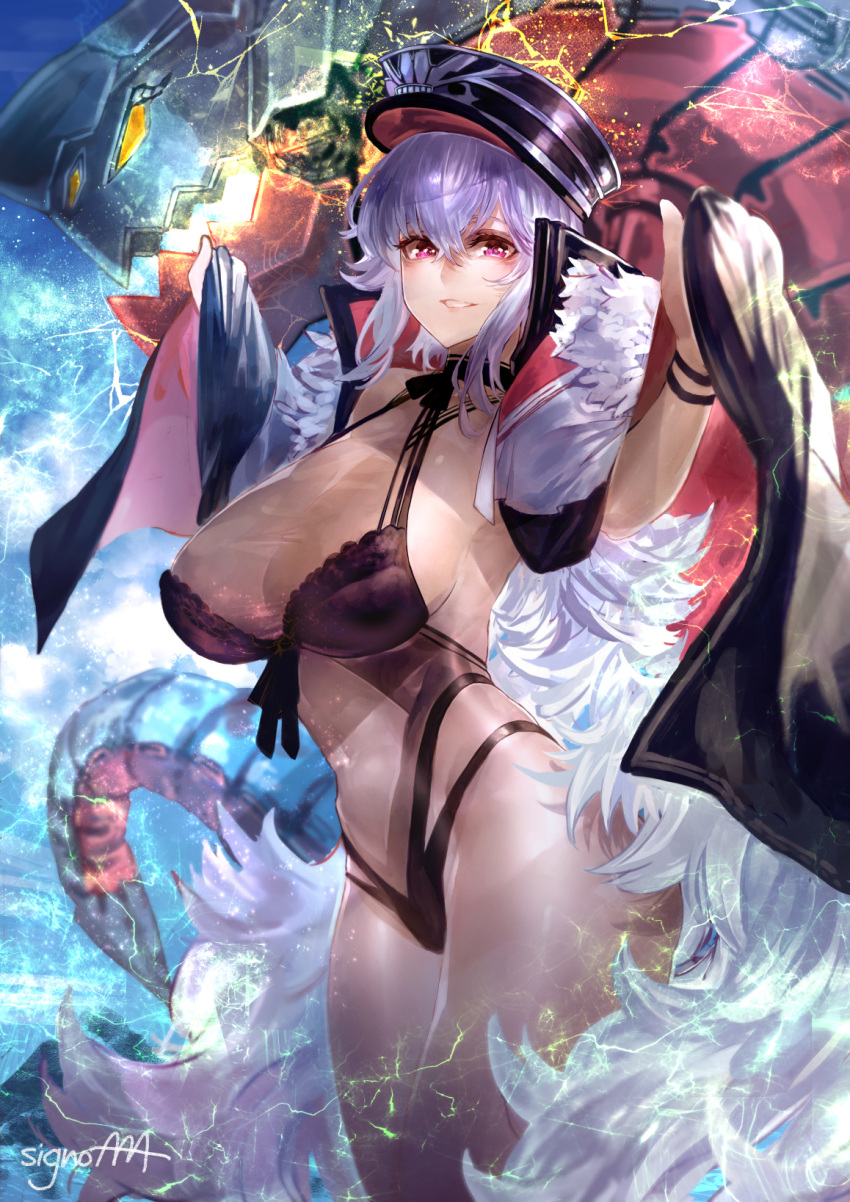 1girl armpits azur_lane bangs bare_shoulders black_swimsuit blush breasts cleavage coat collarbone cowboy_shot crossed_bangs electricity eyebrows_visible_through_hair flower gradient gradient_background graf_zeppelin_(azur_lane) groin hair_between_eyes hair_flower hair_ornament hands_up head_tilt highleg highres impossible_clothes impossible_swimsuit iron_cross jacket_on_shoulders large_breasts long_hair looking_at_viewer machinery messy_hair navel navel_cutout off_shoulder one-piece_swimsuit parted_lips petals red_eyes rigging see-through sidelocks signature signo_aaa silver_hair simple_background skindentation smile solo stomach swimming swimsuit taut_clothes taut_swimsuit thighs very_long_hair