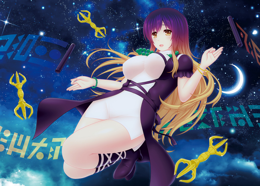 1girl bead_bracelet bead_necklace beads blonde_hair boots bracelet breasts brown_eyes commentary_request cpu_(hexivision) full_body gradient_hair high_heel_boots high_heels hijiri_byakuren jewelry large_breasts long_hair multicolored_hair necklace open_mouth puffy_short_sleeves puffy_sleeves purple_hair short_sleeves sky solo sorcerer's_sutra_scroll star_(sky) starry_sky touhou vajra_(object) very_long_hair