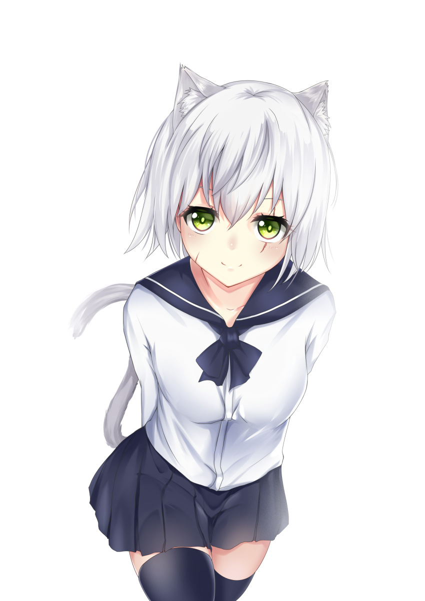 1girl absurdres alternate_costume animal_ears arms_behind_back bangs black_legwear black_neckwear black_sailor_collar black_skirt blush breasts cat_ears cat_girl cat_tail closed_mouth collarbone commentary cowboy_shot eyebrows_visible_through_hair facial_scar fate/grand_order fate_(series) green_eyes hair_between_eyes highres jack_the_ripper_(fate/apocrypha) kemonomimi_mode leaning_forward looking_at_viewer mo_ying_yu pleated_skirt sailor_collar scar scar_across_eye scar_on_cheek school_uniform serafuku shirt silver_hair simple_background skirt small_breasts smile solo tail thigh-highs white_background white_shirt